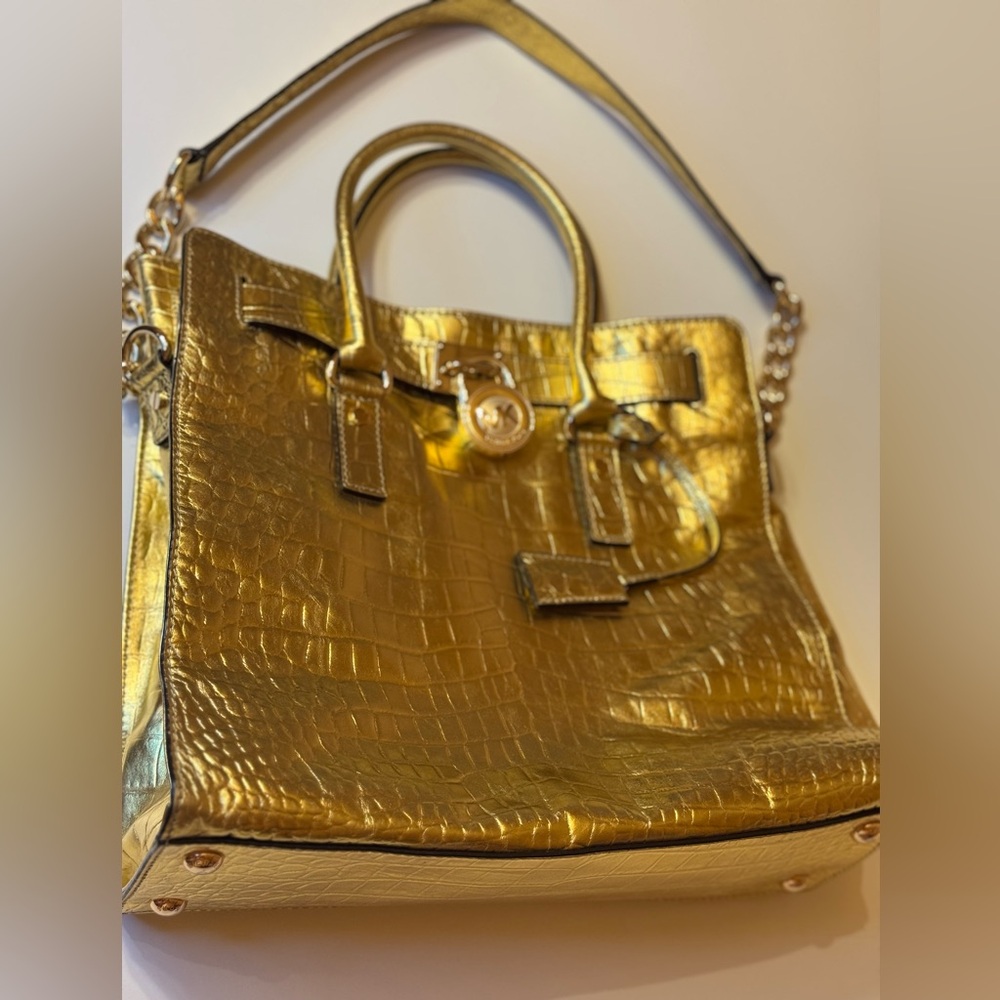 Elegant Michael Kors Hamilton Croc Gold Embossed Shoulder Bag Satchel - NEW